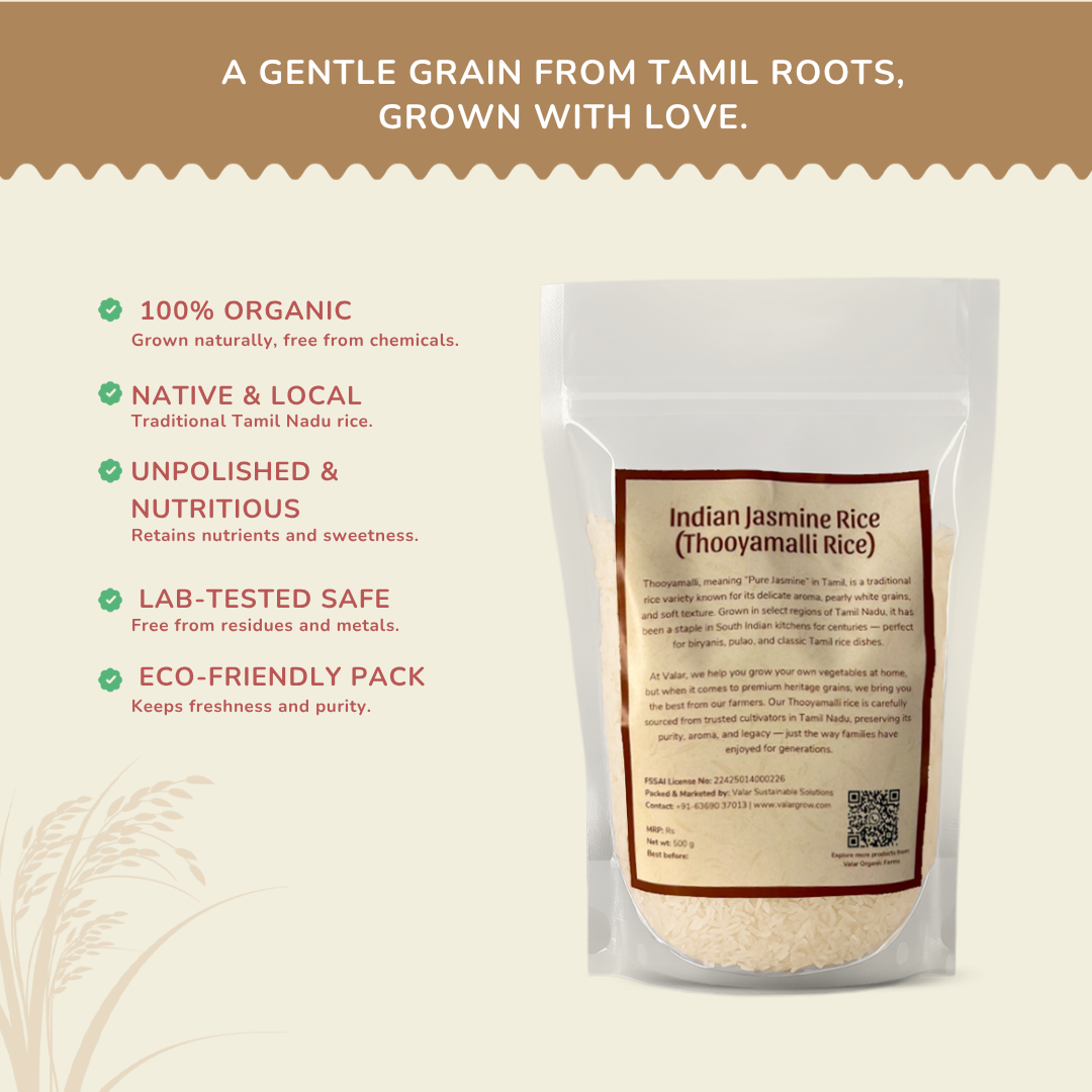 🍚 Valar Indian Jasmine Rice (Thooyamalli) – 500g | Aromatic Heritage Rice from Tamil Nadu  | Soft, Fragrant, Naturally Gluten-Free