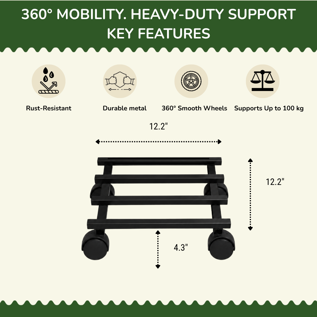 12" Square Grow Bag Stand With 360° Wheels | Heavy-Duty Anti-Rust Mild Steel | For Pots & Grow Bags | Pack of 2/4