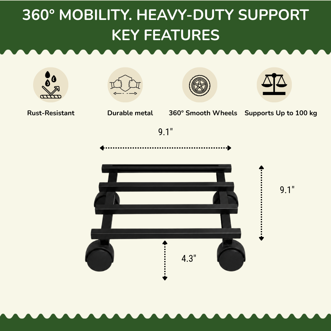 9" Square Grow Bag Stand With 360° Wheels | Heavy-Duty Anti-Rust Mild Steel | For Pots & Grow Bags | Pack of 4