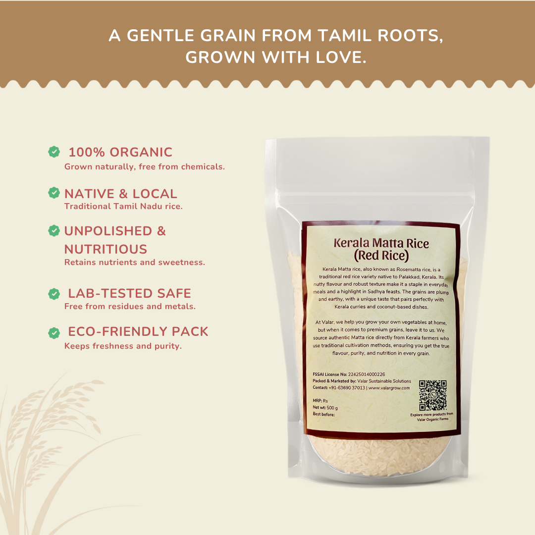 🍚 Valar Kerala Matta Rice – 500g | Traditional Red Parboiled Rice | Heirloom Grains of Kerala 🌾
