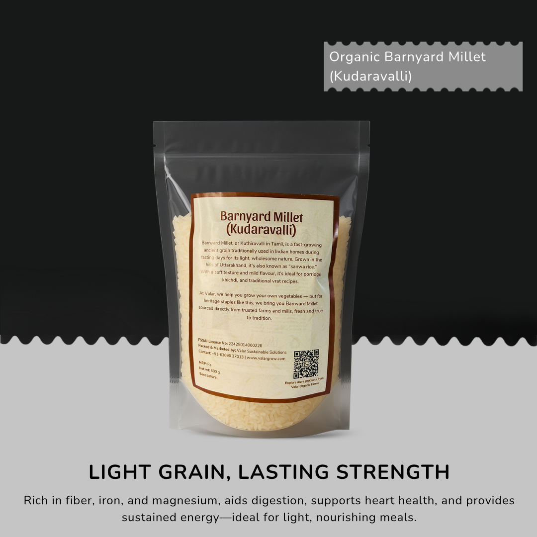 🌾 Valar Kudaravalli (Barnyard Millet) – 500g | Wholesome Ancient Grain | Light, Gluten-Free & Ideal for Diabetic-Friendly Meals